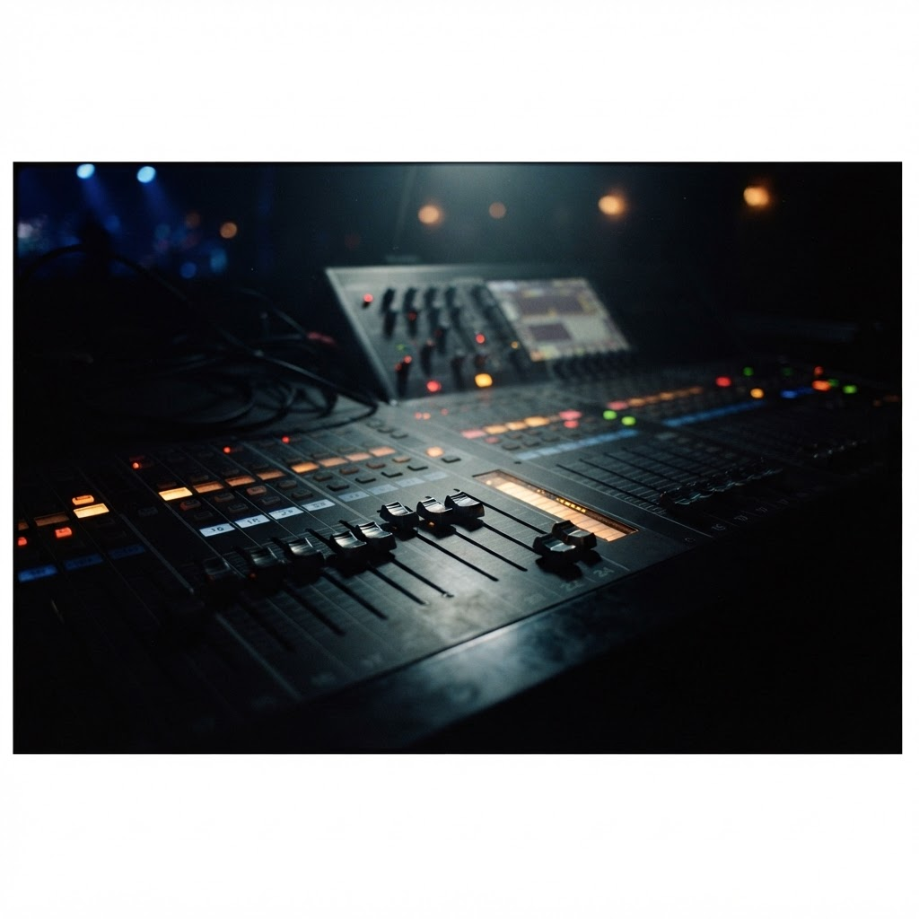 Professional audio mixing console glowing in a dark venue