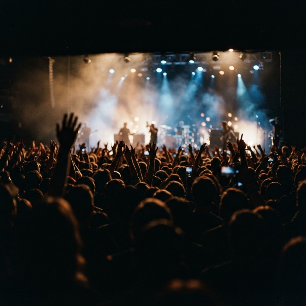Silhouetted crowd with raised hands under warm amber and cool blue stage lighting