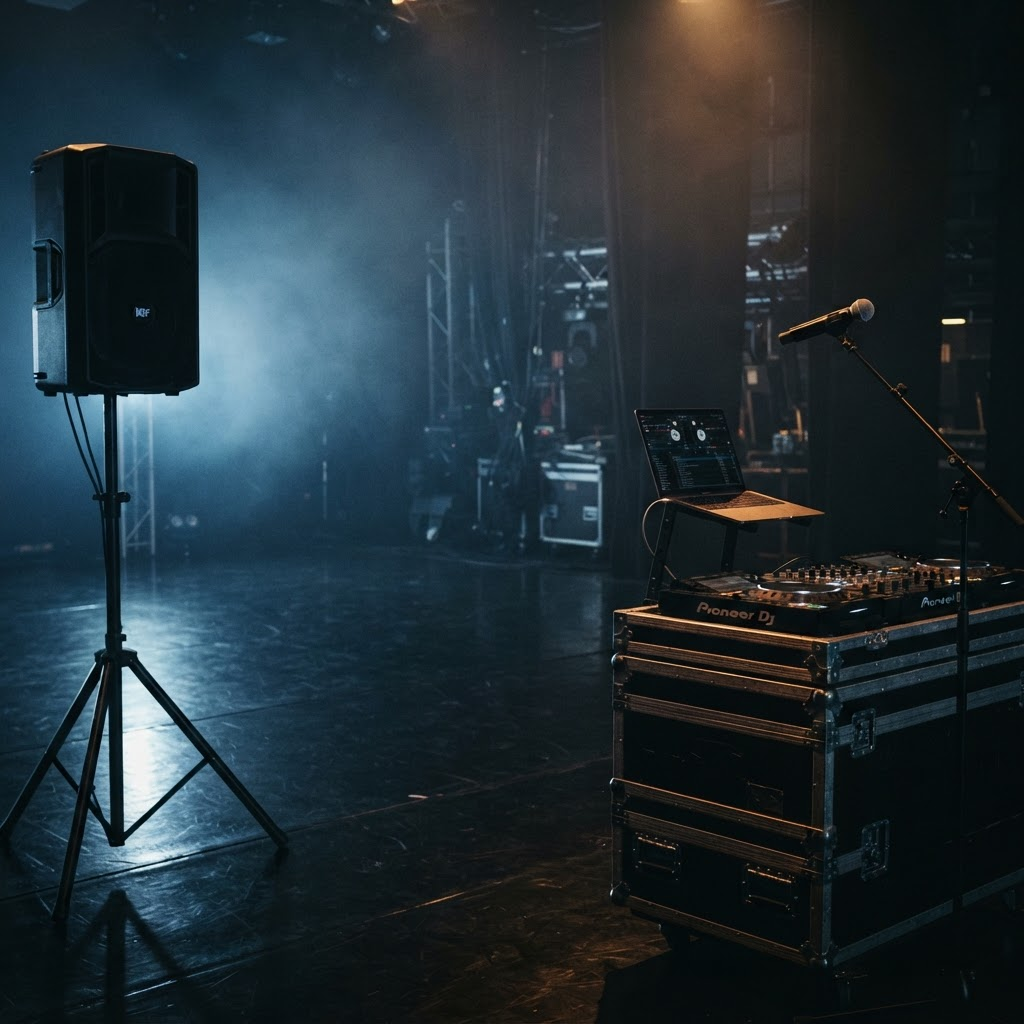 Professional PA speaker, microphone stand and DJ setup on a dark stage lit with blue and amber light and haze