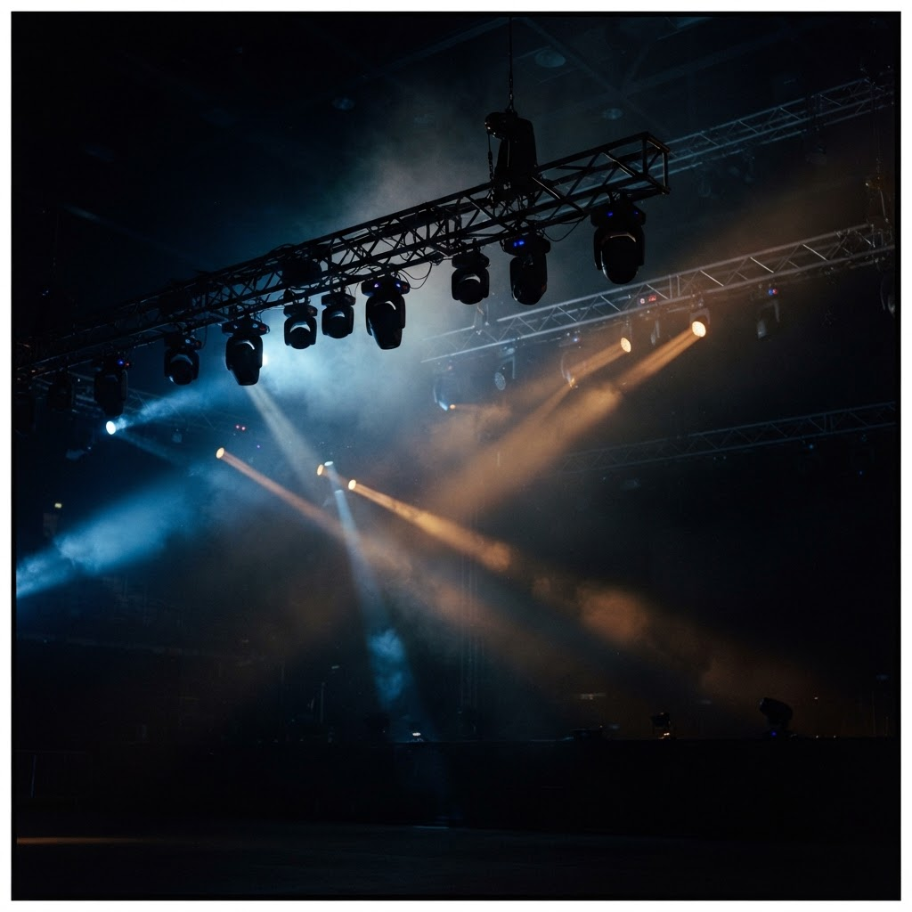 Stage lighting fixtures casting blue and amber beams through haze in a dark venue