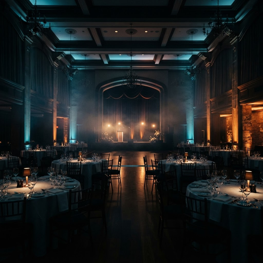 Elegant event venue at night with subtle amber and blue lighting