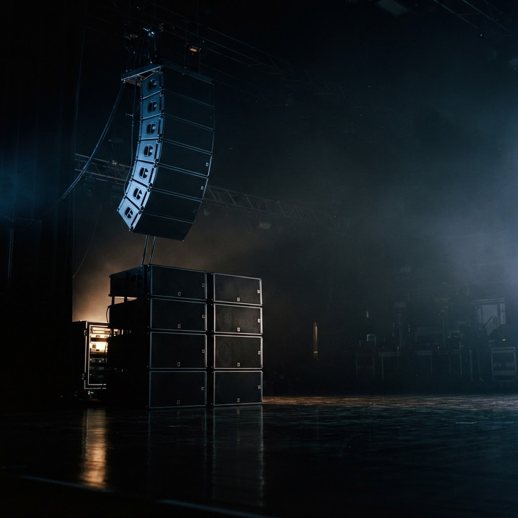 Professional PA speakers on a dark stage lit with blue and amber light